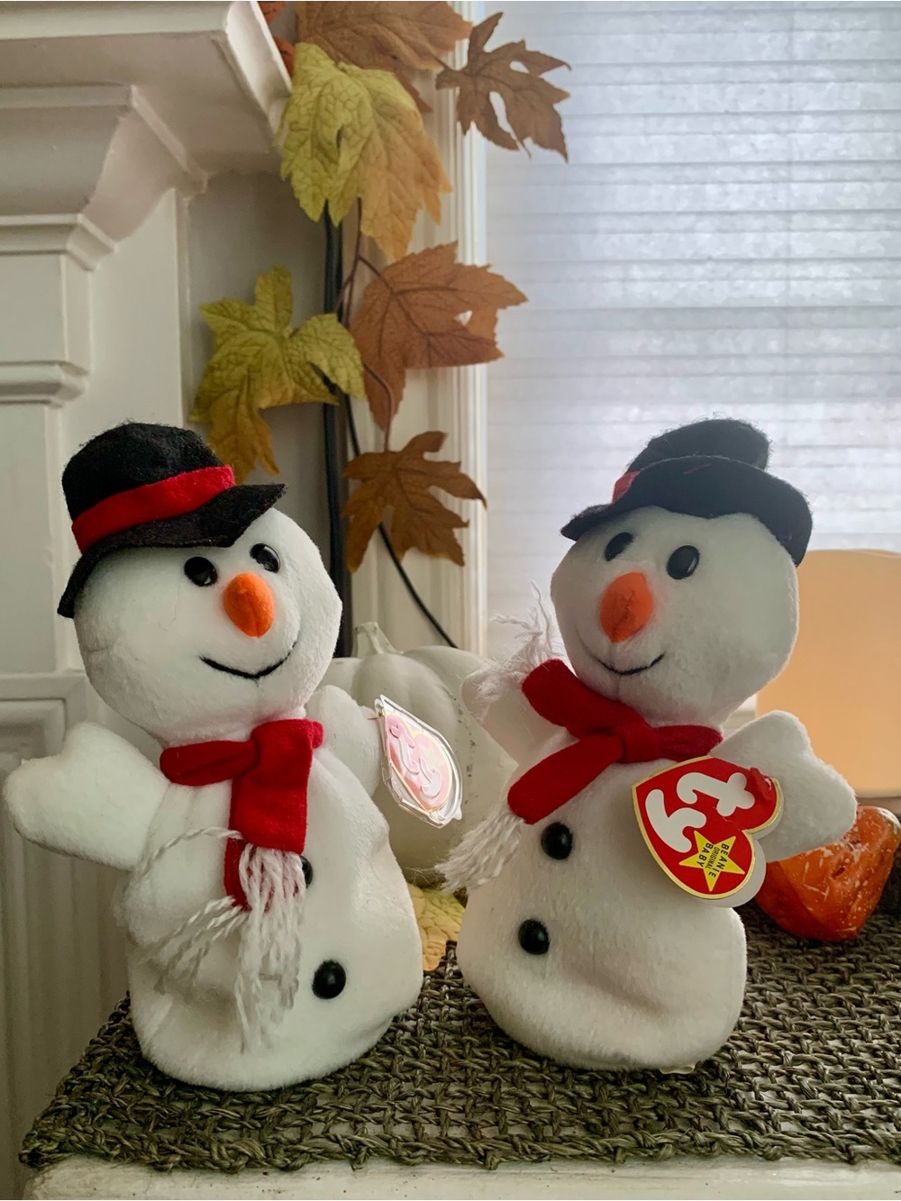 Ty “96” Snowball Plush Pair with Red Scarves and Black Hats